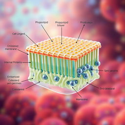 A highly detailed illustration of a cell membrane, showcasing its structure with phospholipid bilayer, integral proteins, and embedded cholesterol molecules