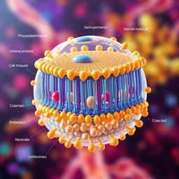 A highly detailed illustration of a cell membrane, showcasing its structure with phospholipid bilayer, integral proteins, and embedded cholesterol molecules