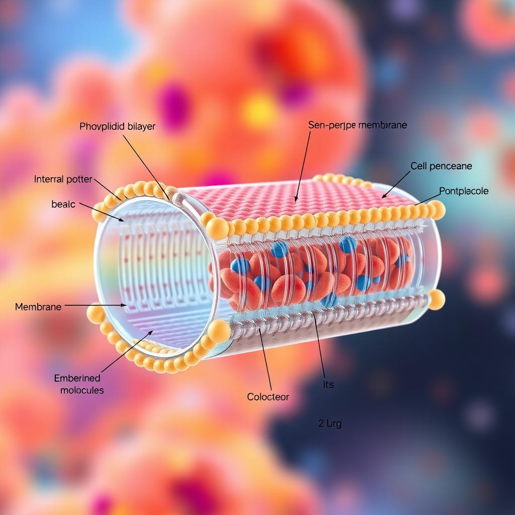 A highly detailed illustration of a cell membrane, showcasing its structure with phospholipid bilayer, integral proteins, and embedded cholesterol molecules