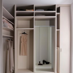 A 5x9 dressing room featuring a cupboard and mirror proportionally designed to fit the room size perfectly.