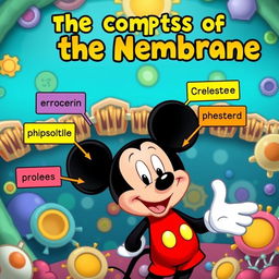 A playful and educational scene featuring a cartoon version of Mickey Mouse examining the components of the cell membrane