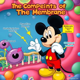 A playful and educational scene featuring a cartoon version of Mickey Mouse examining the components of the cell membrane