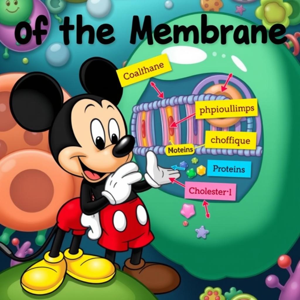 A playful and educational scene featuring a cartoon version of Mickey Mouse examining the components of the cell membrane