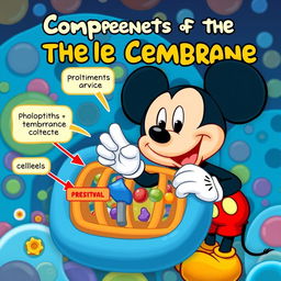 A playful and educational scene featuring a cartoon version of Mickey Mouse examining the components of the cell membrane