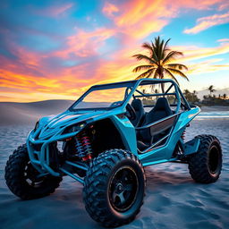 A custom-tuned Vocho buggy parked on a vibrant beach during sunset, showcasing its unique modifications such as oversized tires, a glossy neon blue paint job, and a stylish roll cage