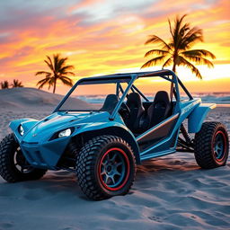 A custom-tuned Vocho buggy parked on a vibrant beach during sunset, showcasing its unique modifications such as oversized tires, a glossy neon blue paint job, and a stylish roll cage