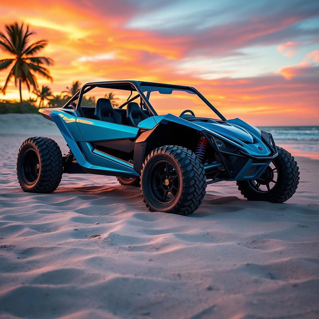 A custom-tuned Vocho buggy parked on a vibrant beach during sunset, showcasing its unique modifications such as oversized tires, a glossy neon blue paint job, and a stylish roll cage