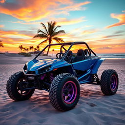 A custom-tuned Vocho buggy parked on a vibrant beach during sunset, showcasing its unique modifications such as oversized tires, a glossy neon blue paint job, and a stylish roll cage