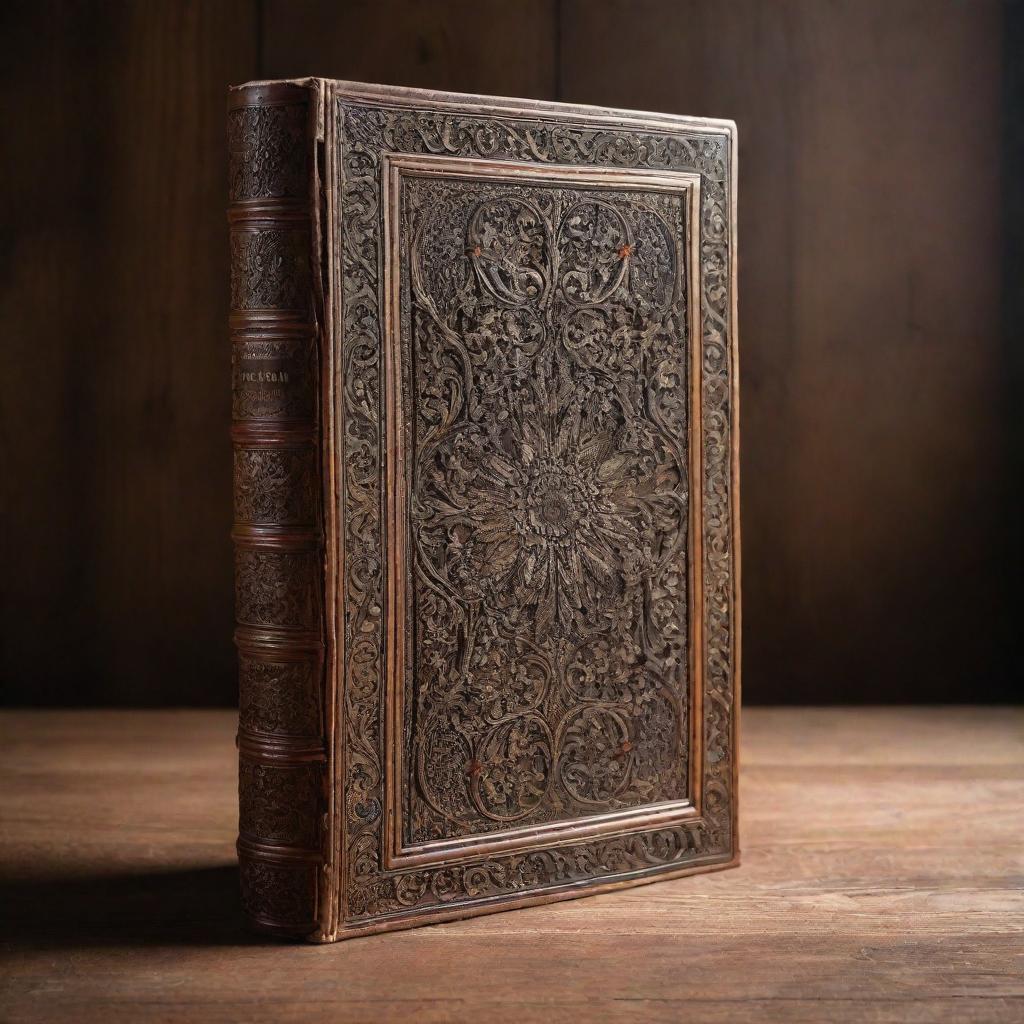 A large, vintage hardcover book standing upright on an elegant wooden surface, showing off its splendidly intricate carvings. A sense of antiquity and knowledge radiates from the book.