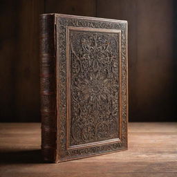 A large, vintage hardcover book standing upright on an elegant wooden surface, showing off its splendidly intricate carvings. A sense of antiquity and knowledge radiates from the book.