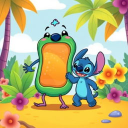 A whimsical, cartoon-style illustration featuring a cell membrane holding hands with Stitch, the lovable character from Disney's Lilo & Stitch