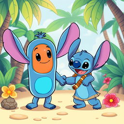 A whimsical, cartoon-style illustration featuring a cell membrane holding hands with Stitch, the lovable character from Disney's Lilo & Stitch