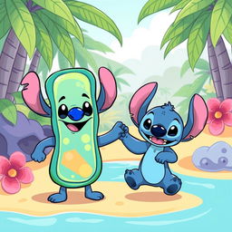 A whimsical, cartoon-style illustration featuring a cell membrane holding hands with Stitch, the lovable character from Disney's Lilo & Stitch