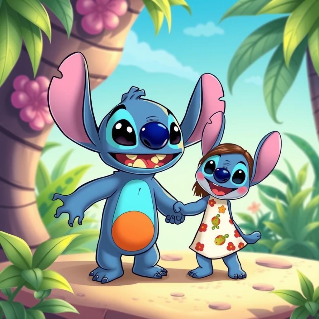 A whimsical, cartoon-style illustration featuring a cell membrane holding hands with Stitch, the lovable character from Disney's Lilo & Stitch