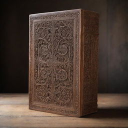 A large, vintage hardcover book standing upright on an elegant wooden surface, showing off its splendidly intricate carvings. A sense of antiquity and knowledge radiates from the book.