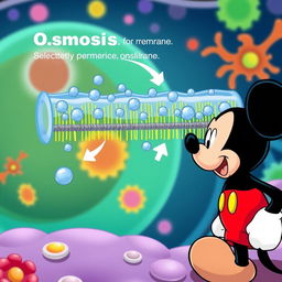 A cheerful and educational scene featuring a cartoon version of Mickey Mouse observing the process of osmosis occurring at the cellular membrane