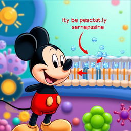 A cheerful and educational scene featuring a cartoon version of Mickey Mouse observing the process of osmosis occurring at the cellular membrane