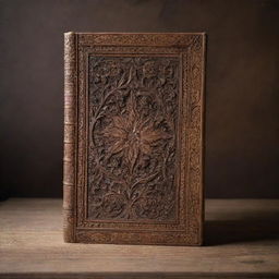 A large, vintage hardcover book standing upright on an elegant wooden surface, showing off its splendidly intricate carvings. A sense of antiquity and knowledge radiates from the book.