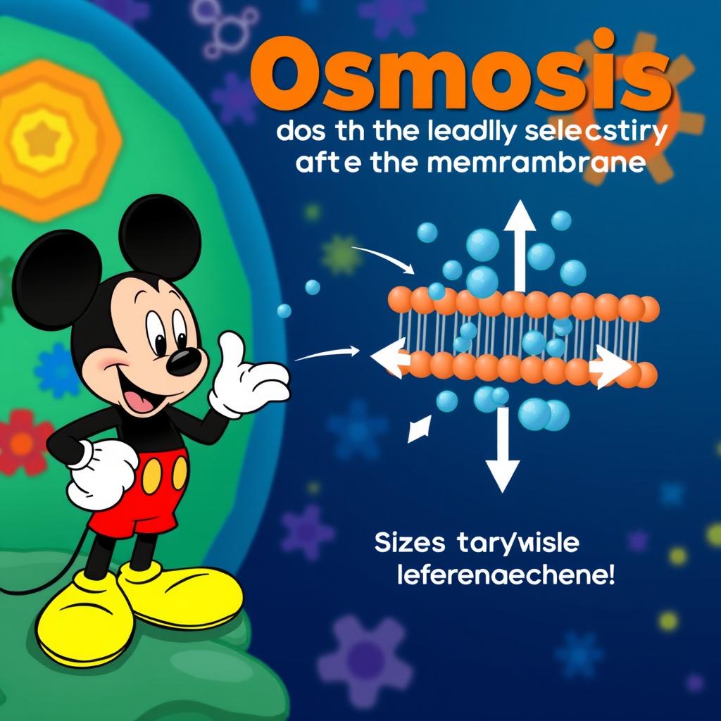 A cheerful and educational scene featuring a cartoon version of Mickey Mouse observing the process of osmosis occurring at the cellular membrane