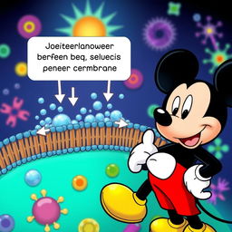 A cheerful and educational scene featuring a cartoon version of Mickey Mouse observing the process of osmosis occurring at the cellular membrane