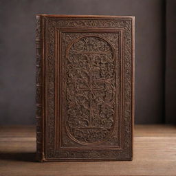 A large, vintage hardcover book standing upright on an elegant wooden surface, showing off its splendidly intricate carvings. A sense of antiquity and knowledge radiates from the book.