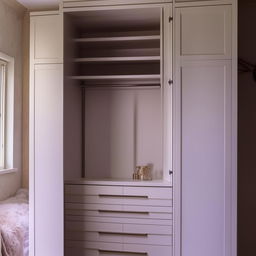 A 5x9 dressing room featuring a cupboard and mirror proportionally designed to fit the room size perfectly.