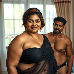 A hyperrealistic, photorealistic high-quality image of an extremely beautiful, voluptuous, thick, middle-aged Indian housewife aged 35