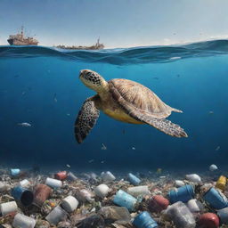 An animated image of a vast sea polluted with trash. Incorporate a vulnerable sea turtle impacted by the surrounding garbage, emphasizing the dire situation of marine life due to pollution.