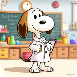 A delightful cartoon depiction of Snoopy, the iconic beagle from the Peanuts comic strip, wearing a stylish white lab coat