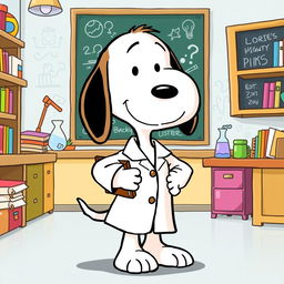 A delightful cartoon depiction of Snoopy, the iconic beagle from the Peanuts comic strip, wearing a stylish white lab coat