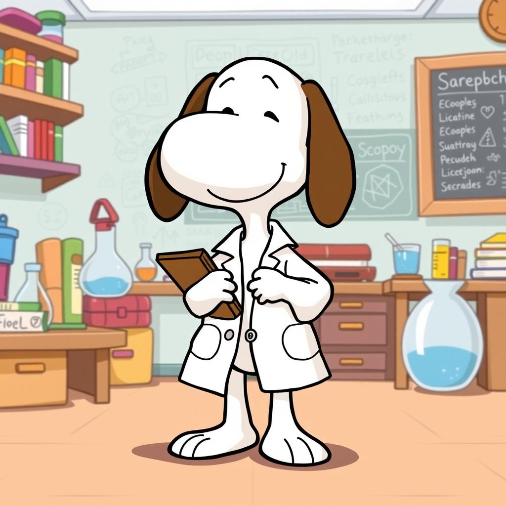 A delightful cartoon depiction of Snoopy, the iconic beagle from the Peanuts comic strip, wearing a stylish white lab coat