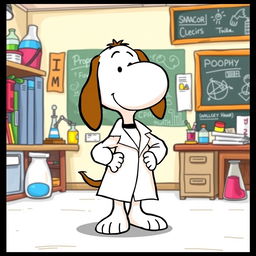 A delightful cartoon depiction of Snoopy, the iconic beagle from the Peanuts comic strip, wearing a stylish white lab coat