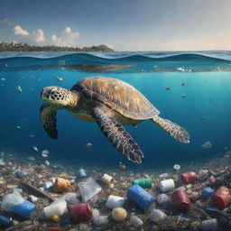 An animated image of a vast sea polluted with trash. Incorporate a vulnerable sea turtle impacted by the surrounding garbage, emphasizing the dire situation of marine life due to pollution.