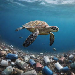 An animated image of a vast sea polluted with trash. Incorporate a vulnerable sea turtle impacted by the surrounding garbage, emphasizing the dire situation of marine life due to pollution.