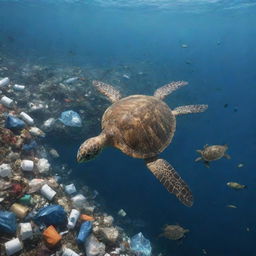 An animated image of a vast sea polluted with trash. Incorporate a vulnerable sea turtle impacted by the surrounding garbage, emphasizing the dire situation of marine life due to pollution.