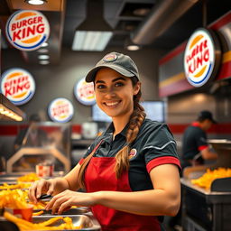 A determined female employee in a Burger King uniform, actively working in a bustling fast-food kitchen, preparing orders with a smile on her face