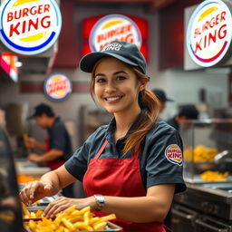 A determined female employee in a Burger King uniform, actively working in a bustling fast-food kitchen, preparing orders with a smile on her face