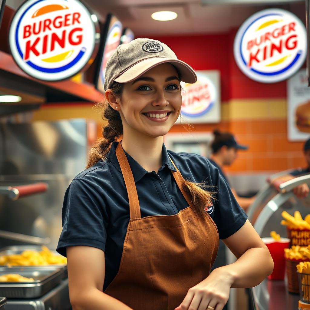 A determined female employee in a Burger King uniform, actively working in a bustling fast-food kitchen, preparing orders with a smile on her face