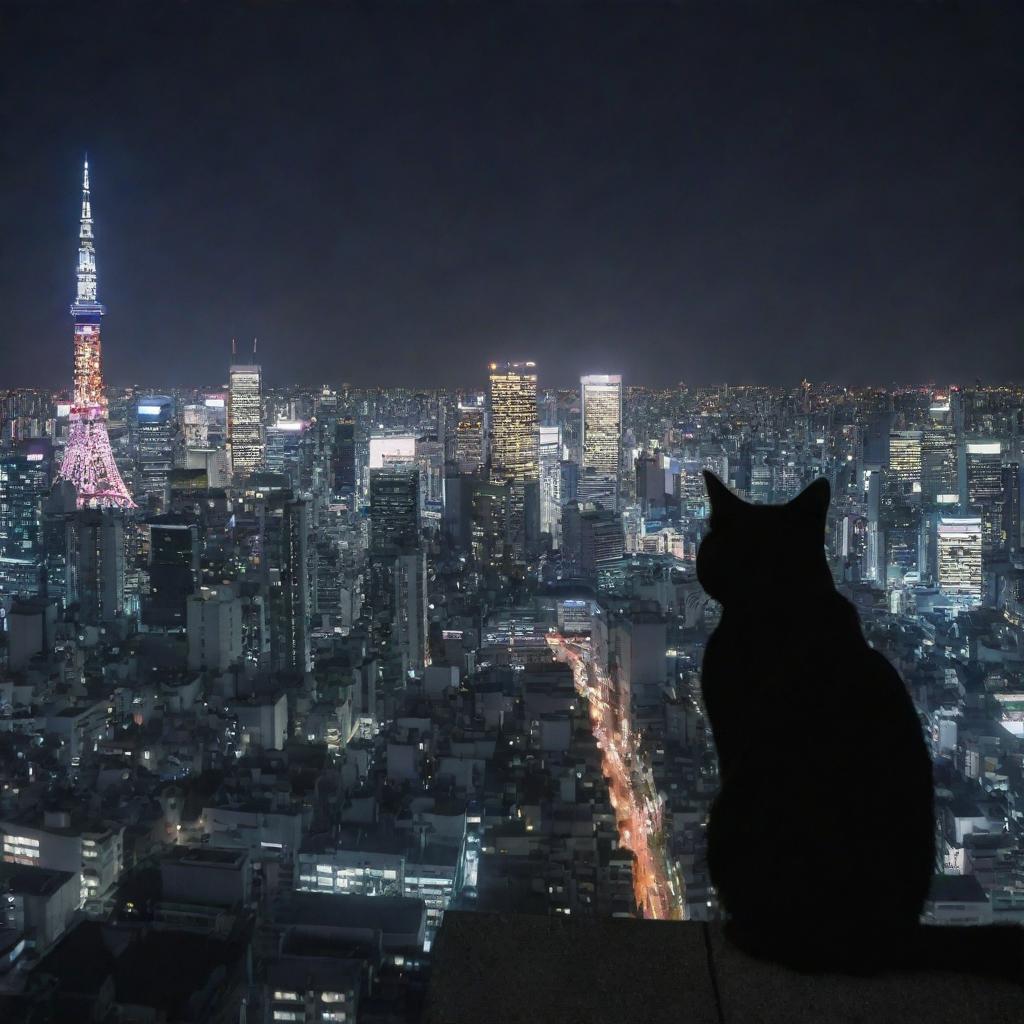 A beautifully lit Tokyo cityscape at night with a mysterious black cat in the foreground