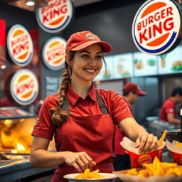 A determined female employee in a Burger King uniform, actively working in a bustling fast-food kitchen, preparing orders with a smile on her face