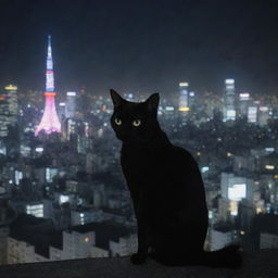 A beautifully lit Tokyo cityscape at night with a mysterious black cat in the foreground