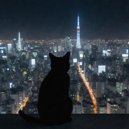 A beautifully lit Tokyo cityscape at night with a mysterious black cat in the foreground