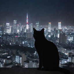 A beautifully lit Tokyo cityscape at night with a mysterious black cat in the foreground