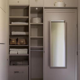 A 5x9 dressing room featuring a cupboard and mirror proportionally designed to fit the room size perfectly.