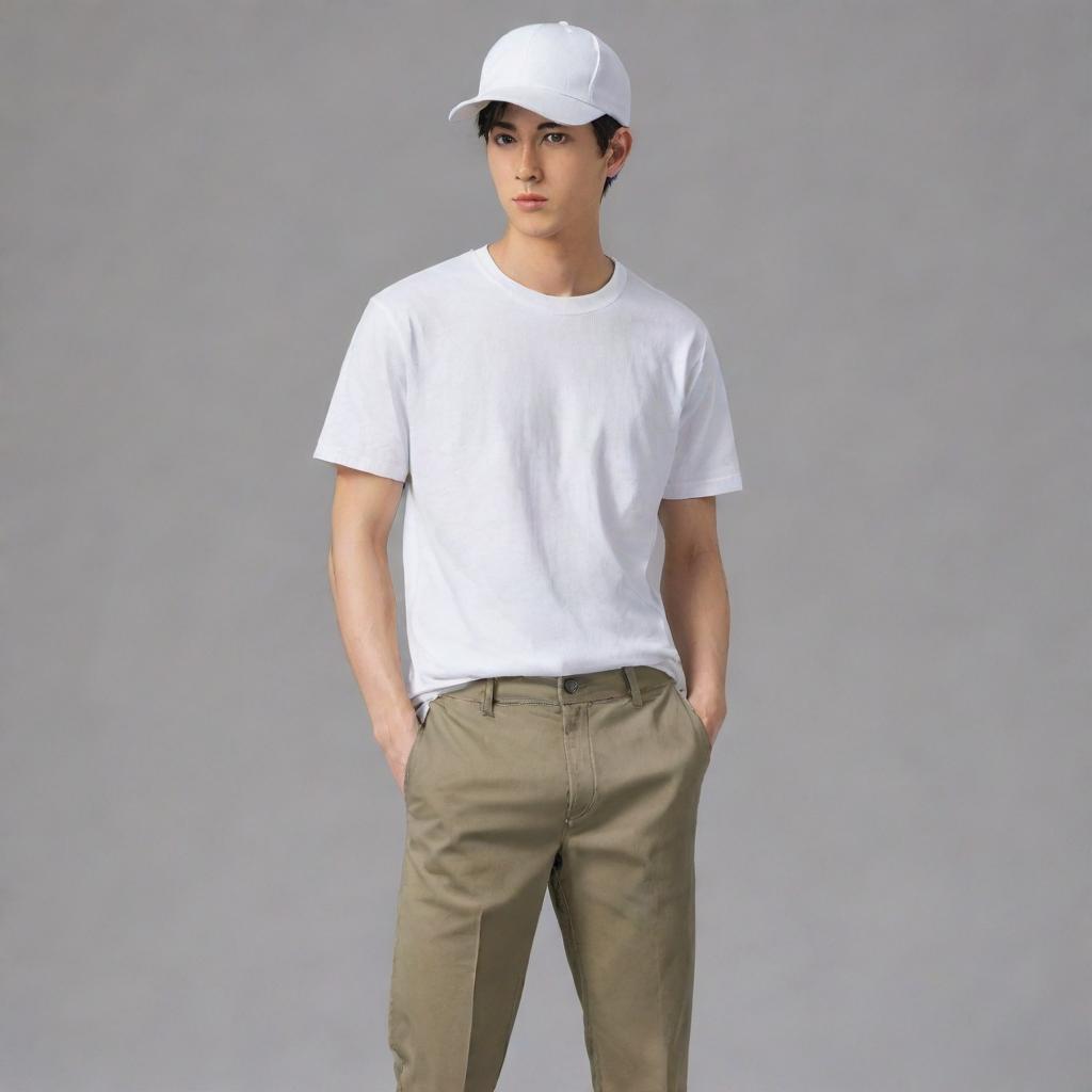 Anime character dressed in a clean, white cap and t-shirt combo, paired with casual khaki pants.