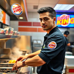 A dedicated male employee at a Burger King restaurant, wearing a branded uniform, busily preparing food at the grill station