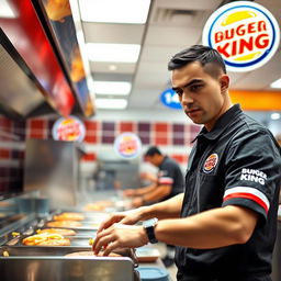 A dedicated male employee at a Burger King restaurant, wearing a branded uniform, busily preparing food at the grill station