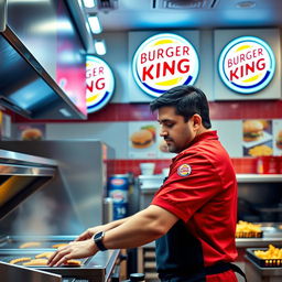 A dedicated male employee at a Burger King restaurant, wearing a branded uniform, busily preparing food at the grill station