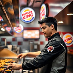 A dedicated male employee at a Burger King restaurant, wearing a branded uniform, busily preparing food at the grill station