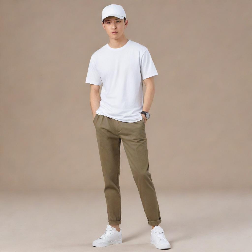 Anime character dressed in a clean, white cap and t-shirt combo, paired with casual khaki pants.